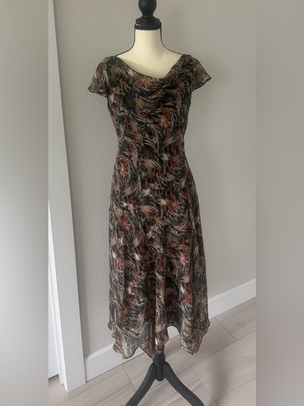 Vintage Evan-Picone Abstract Print Cowl Neck Handkerchief Hem Midi Dress 6